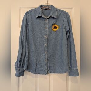 Harriton Jean Denim Button Down Shirt Sunflower Embroidery Sz M Boho Cottagecore